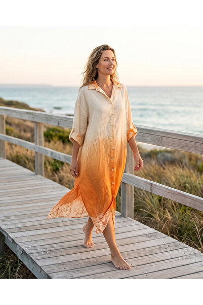 İthal Kadın Resort Wear Önü Kısa Arkası Uzun Tie-Dye Gömlek Tunik Elbise