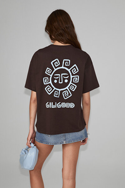 GRIMELANGE Sahara Women's Soft and 100% Organic Cotton Brown T-Shirt with Pri...