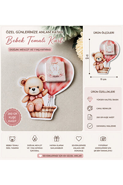 LiyaCraft 10 ADET PEMBE Balonlu Ayıcık Bebek Kart & Etiket | 12x11 cm | 200 g...