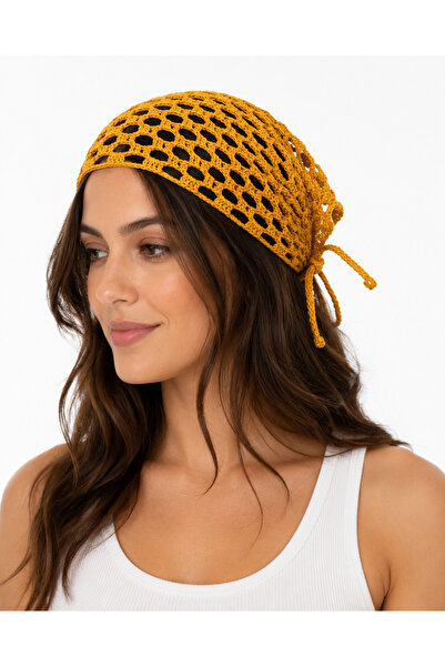 NEHOLİA Women's Hand-Knitted Triangle Hair Bandana Mustard Yellow Bohemian Ti...