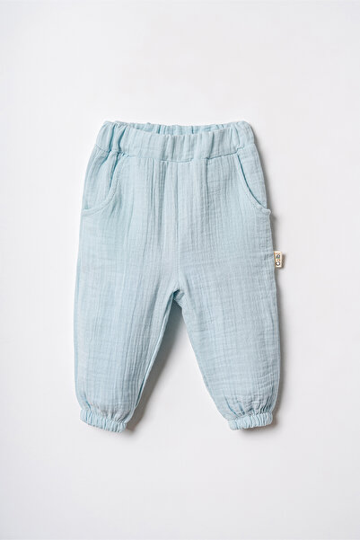 Mini Cotton Organik Müslin Kumaş Paçası Ve Beli Lastikli Patiksiz Bebek Pantolon