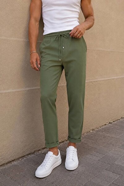 MADZEYMODA Men's Double Leg Khaki Trousers with Elastic Waist