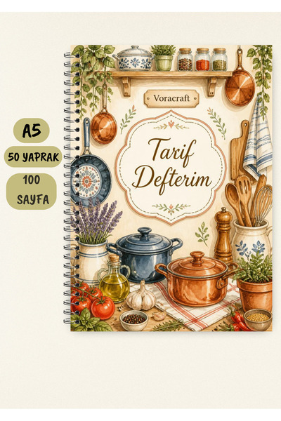 VORACRAFT Yemek Tarif Defteri, 50 Yaprak /100 Sayfa, A5 / Tel Spiral TRF0039