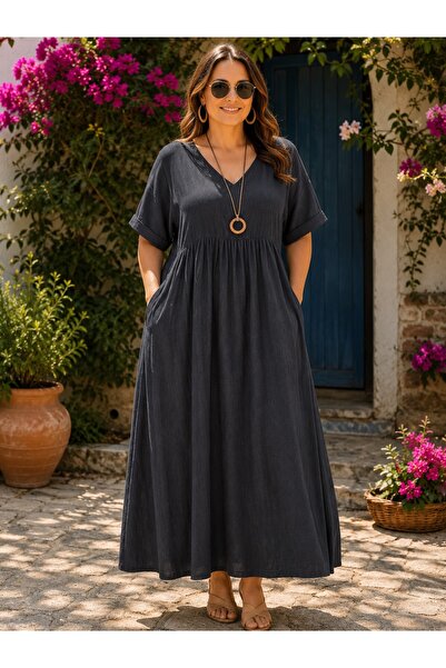 ASSO Plus Size Women's V-Neck Loose Long Dress with Pockets Summer Dress