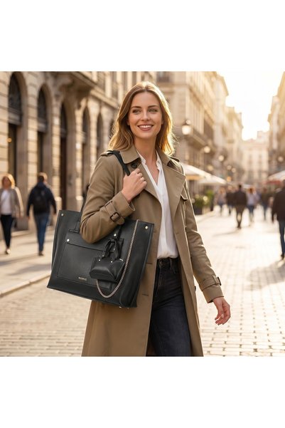 Generic Large Leather Commuter Tote Bag with Mini Chain Pouch, Spacious Laptop Shoulder Bag for Work Office Daily Travel, Women Elegant Black Handbag