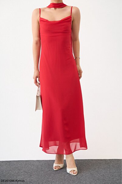 Lupies Women's Red Long Dress with Neck Accessory and Straps