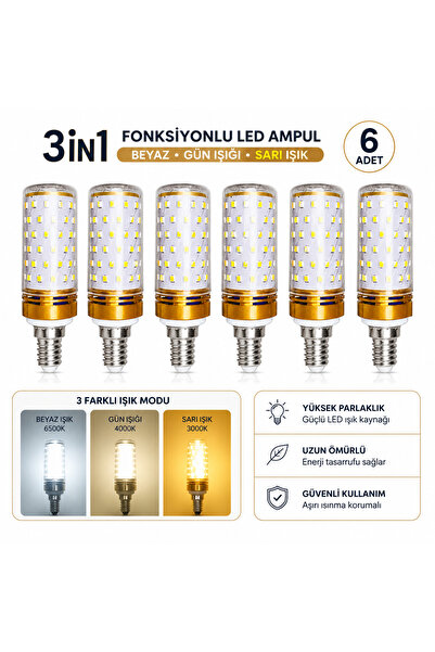 RBR 6 Adet Üç Renkli Mısır Ampul E14 Beyaz, Gün Işığı, Sarı Işık 3 Modlu LED ...