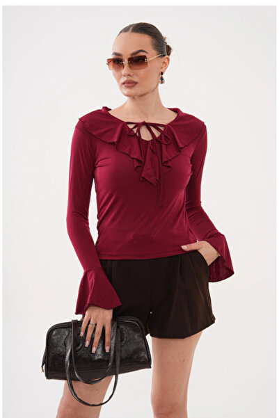PIOVE Women's Volan Detailed Tie-Neck Blouse – Long Sleeve Spanish Sleeve