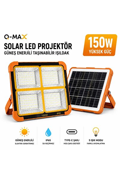 instatech Q-MAX 150W Solar LED Projektör | USB Type-C Şarjlı | IP65 Su Geçirm...