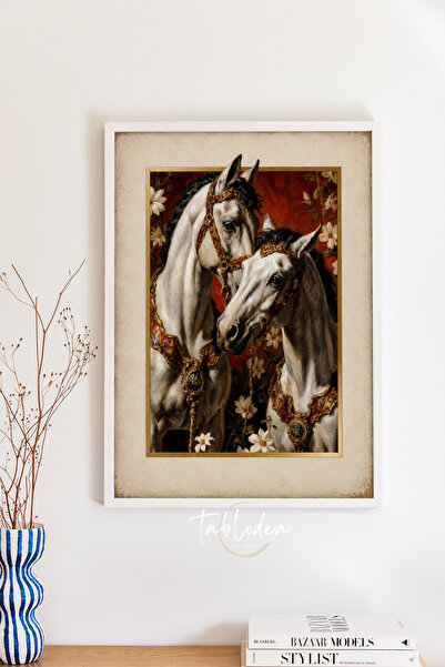 tablodea Vintage Artistic Ethnic White Horses Painting – Td Museum-Quality Pr...