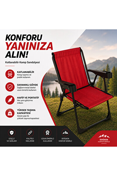 attım sepete Kamp Sandalyesi Bardaklıklı Lüks Piknik Sandalye Kırmızı