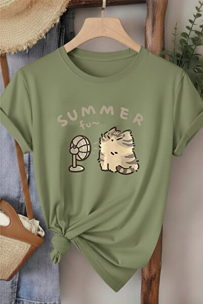 l'eivor Summer Fan Cat Printed Women's Cotton T-Shirt