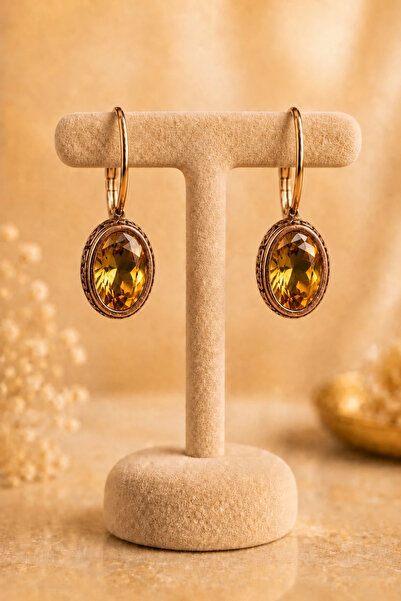 OSMANLI GÜMÜŞ Women's Earrings Copper Yellow Topaz Natural Stone Oval Model W...