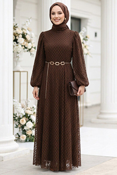 Neva Style Rochie maro cu dantelă, stil hijab 54123KH