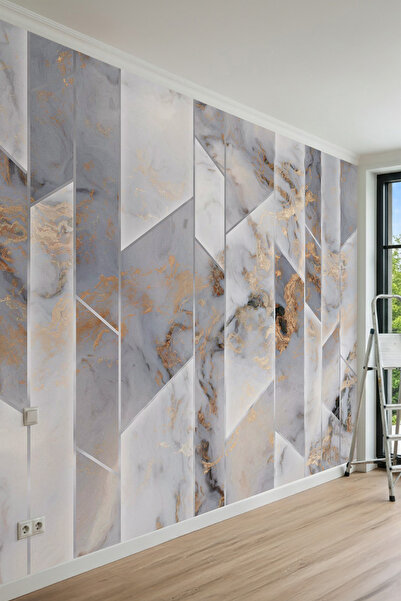 dreamwall Modern Geometrik Koyu Mermer ve Altın DerzliDesenli Tek Parça Tekst...
