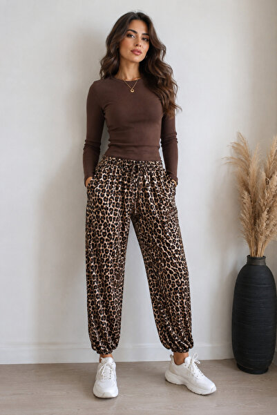 Sibel Günay Butik Brown Leopard Patterned Satin Shalwar Trousers |   100% Vis...