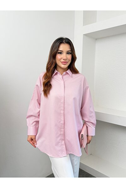 MiraMore Butik قميص نسائي مخطط عموديًا بياقة وأكمام طويلة
