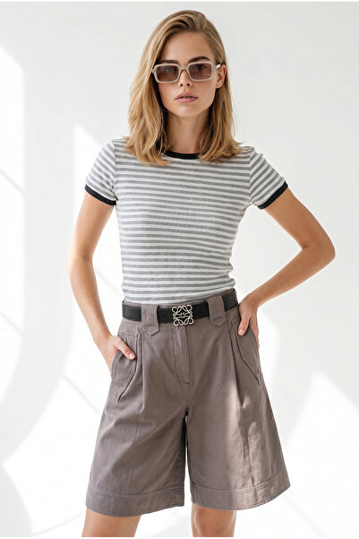 Olalook Women's Gray Striped Color Detailed Crop Cotton T-Shirt Tsh-19001019