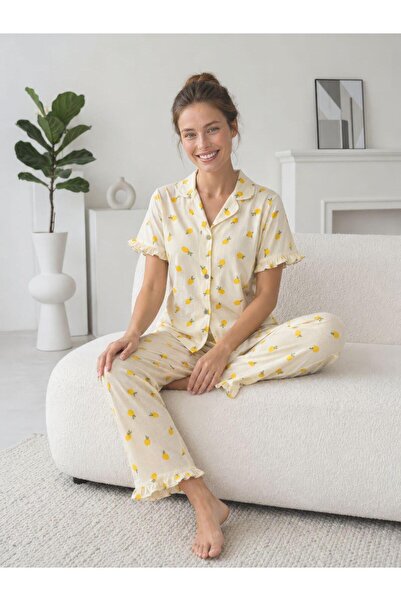 STELLAPİNK Lemon Patterned, Buttoned, Yunuşak Summer Terry Cotton Knitted Paj...