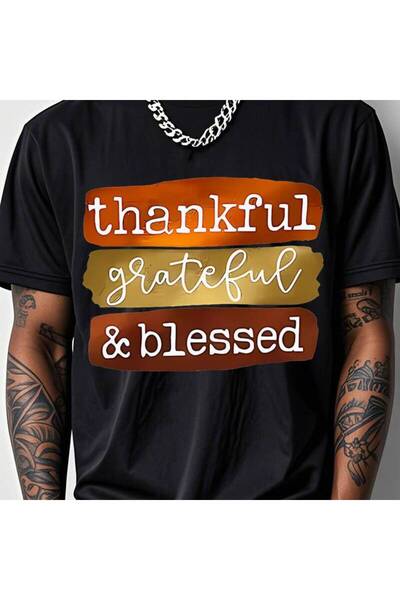 17 seramik تي شيرت رجالي بطبعة 'Grateful Thankful Blessed' بتصميم عصري وياقة ...