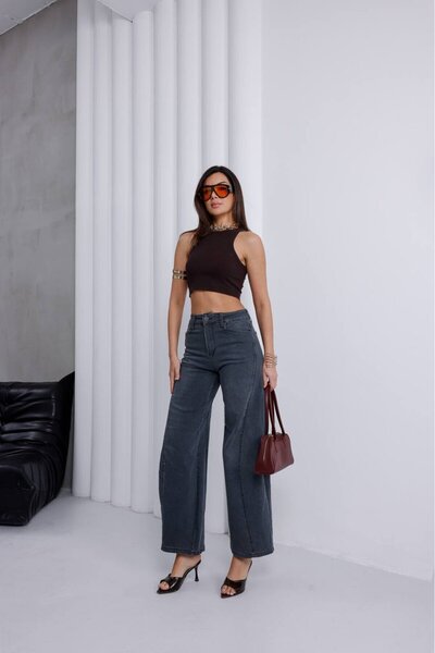 ZDN JEANS Kadın Yüksek Bel Gri Wide Leg Palazzo Jean Pantolon