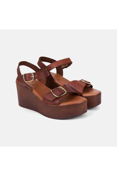 Desa Women's Tan Thick-Strapped Leather Sandals with Padded Heels