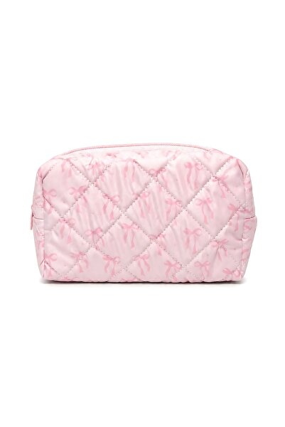SHAKA Pink Bow Patterned Shk114 Quilted Zippered Makeup Bag