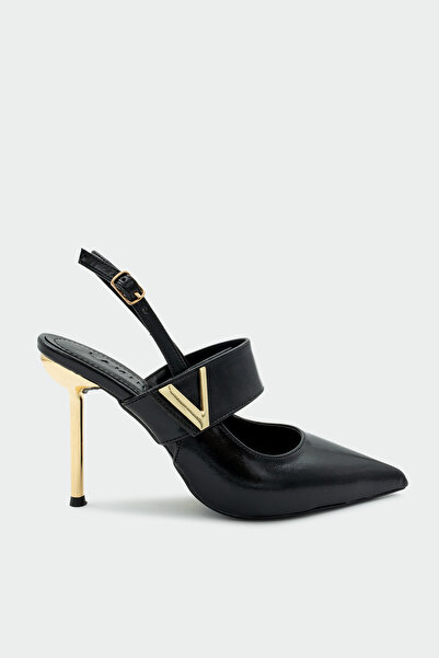 LAMİNTA Aden Women's Black Heeled Shoes with Gold Accessories