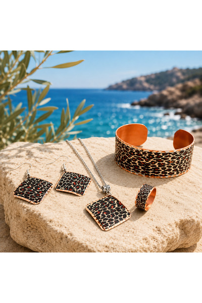 Shinestar atelier Leopar Desenli Bakır Renk Kadın Takı Seti Bileklik Kolye Kü...