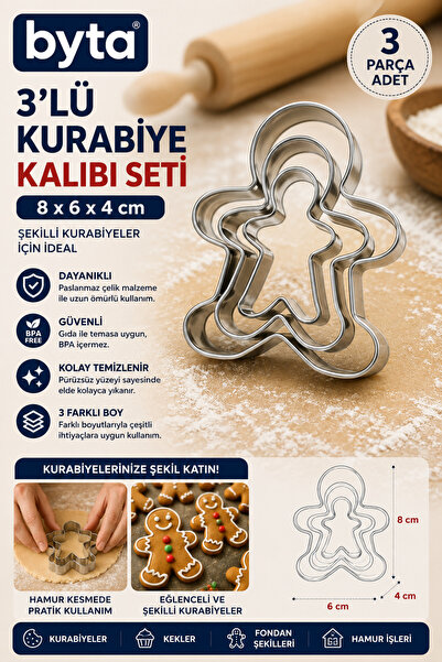BYTA 3'lü Paslanmaz Çelik Kurabiye Adam Kurabiye Kalıbı Seti – Kurabiye ve Şe...