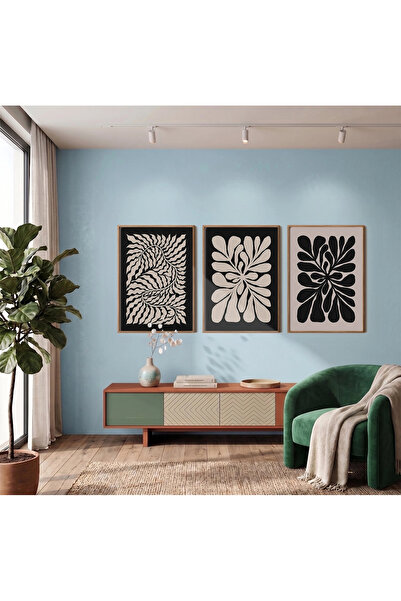 KOLAJTASARIM Set de 3 tablouri cu rame din lemn cu modele abstracte bej ondul...