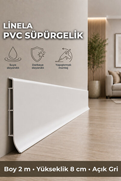 AGK Linela PVC Süpürgelik 8 cm Açık Gri 2 m Yapıştırmalı Suya Dayanıklı Kalın...
