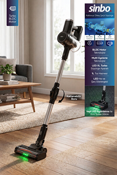 Sinbo SVC-8642 Kablosuz Dikey Şarjlı Süpürge 22.2V BLDC Motor LED Işıklı Turb...