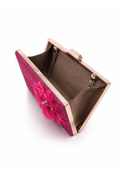 Seniorah Women's Fuchsia Crystal Stone Evening Dress Bag with Floral Detail Night Clutch Bag