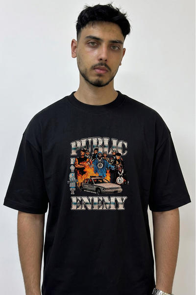 Anetos Μαύρο μπλουζάκι με στάμπα Public Enemy Design σε μεγάλο μέγεθος