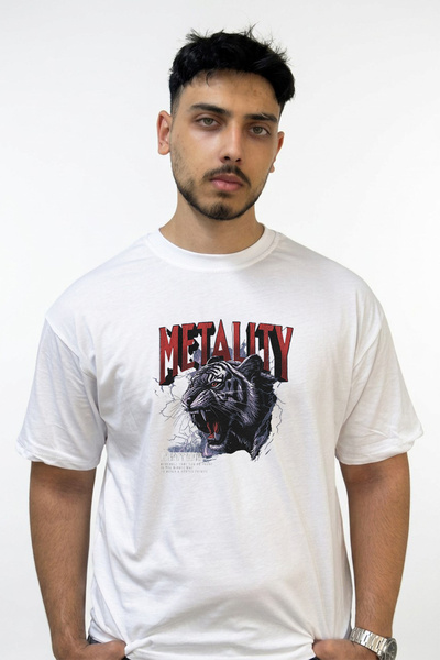 Anetos Metal Tiger Design Printed Oversize White T-Shirt