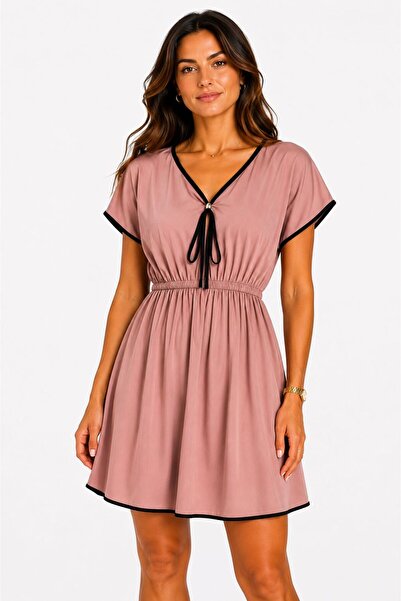 MYCPARL Piping Detailed Waist Gathered V-Neck Short Sleeve Transparent Pareo/...