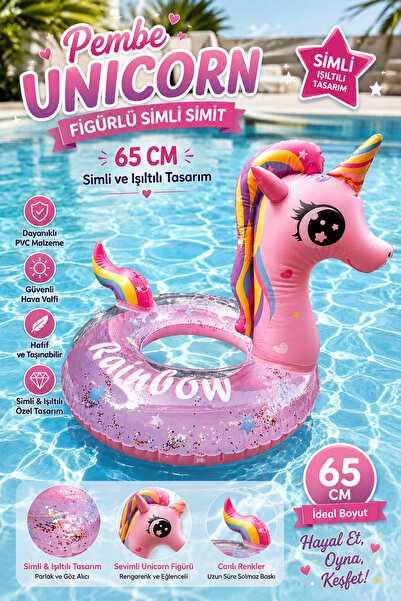 hak-iş oyuncak 65 CM Pembe Unicorn Figürlü Simli Şişme Simit | İçi Simli Havu...
