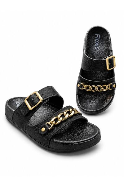FLEXİS Women's Straw Look Double Buckle Chain Detailed Casual Slippers