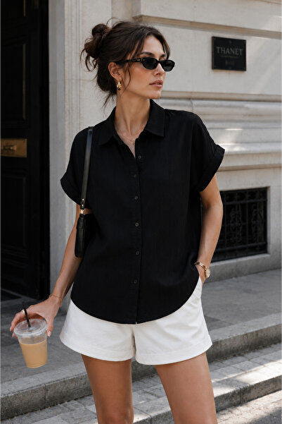 Rich Women's Black Muslin Fabric Oversize Short Sleeve Shirt