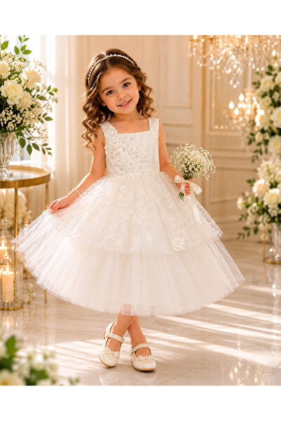 BALİS PİJAMA Girl's White Stylish Floral Lace Comfortable Dress Wedding Dress...
