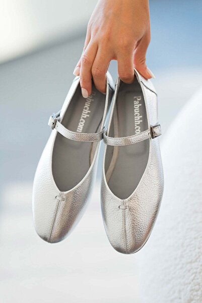 Parponi Will Belted Round Toe Genuine Leather Ballerinas Silver
