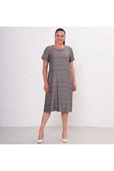 ZY BUTİK Gray Plus Size Short Sleeve Patterned Cotton Dress