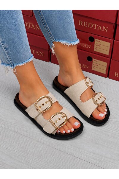 redtan Women's Cream Double Buckle Slippers Orthopedic Cork Sole Comfortable ...