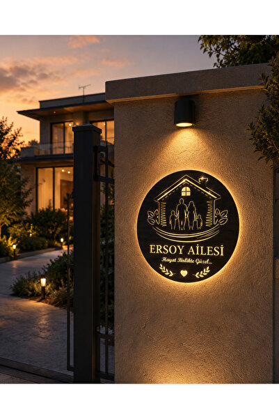 Runc Design Kişiye Özel Işıklı Ahşap Aile Kapı Tabelası | LED Işıklı Villa Gi...