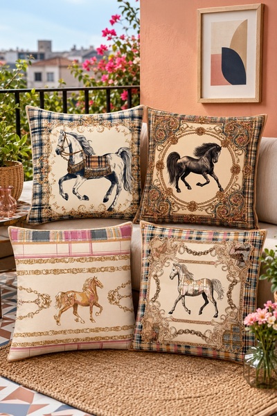 EVPANYA Set de 4 huse de pernă cu model Cai în galop naturali