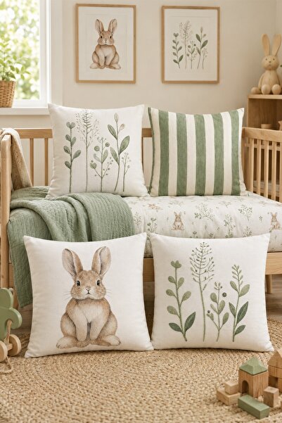 EVPANYA Flowers and Rabbit Patterned 4-Piece Children's and Baby Pillowcase Set