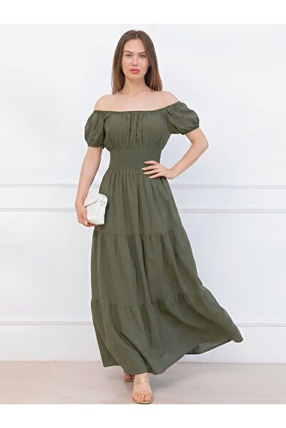 Flubutik Women's Woven Watermelon Sleeve Long Dress Khaki Solo