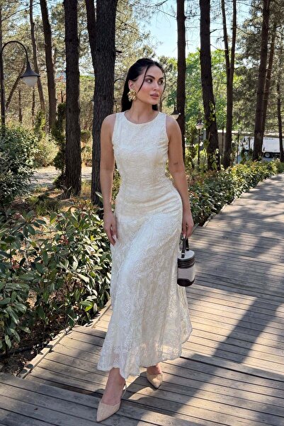Elbee Fashion Woman Ekru Kup Detaylı Uzun Elbise