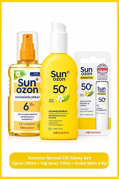 SunOzon Normal Cilt Güneş Seti (Sprey 200ml+ Yağ Sprey 150ml + Dudak Balmı 4.8g)